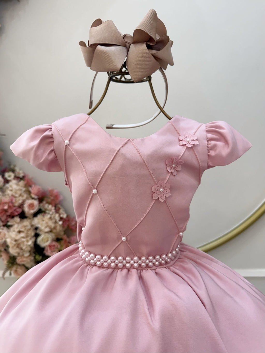 Vestido Infantil Luxo Rose com Nervuras e Flores para Festas