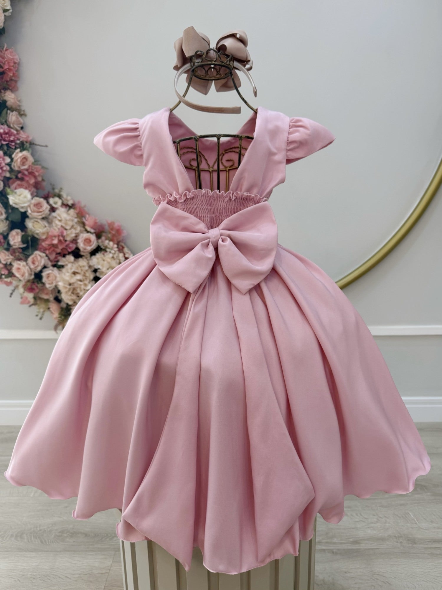 Vestido Infantil Luxo Rose com Nervuras e Flores para Festas
