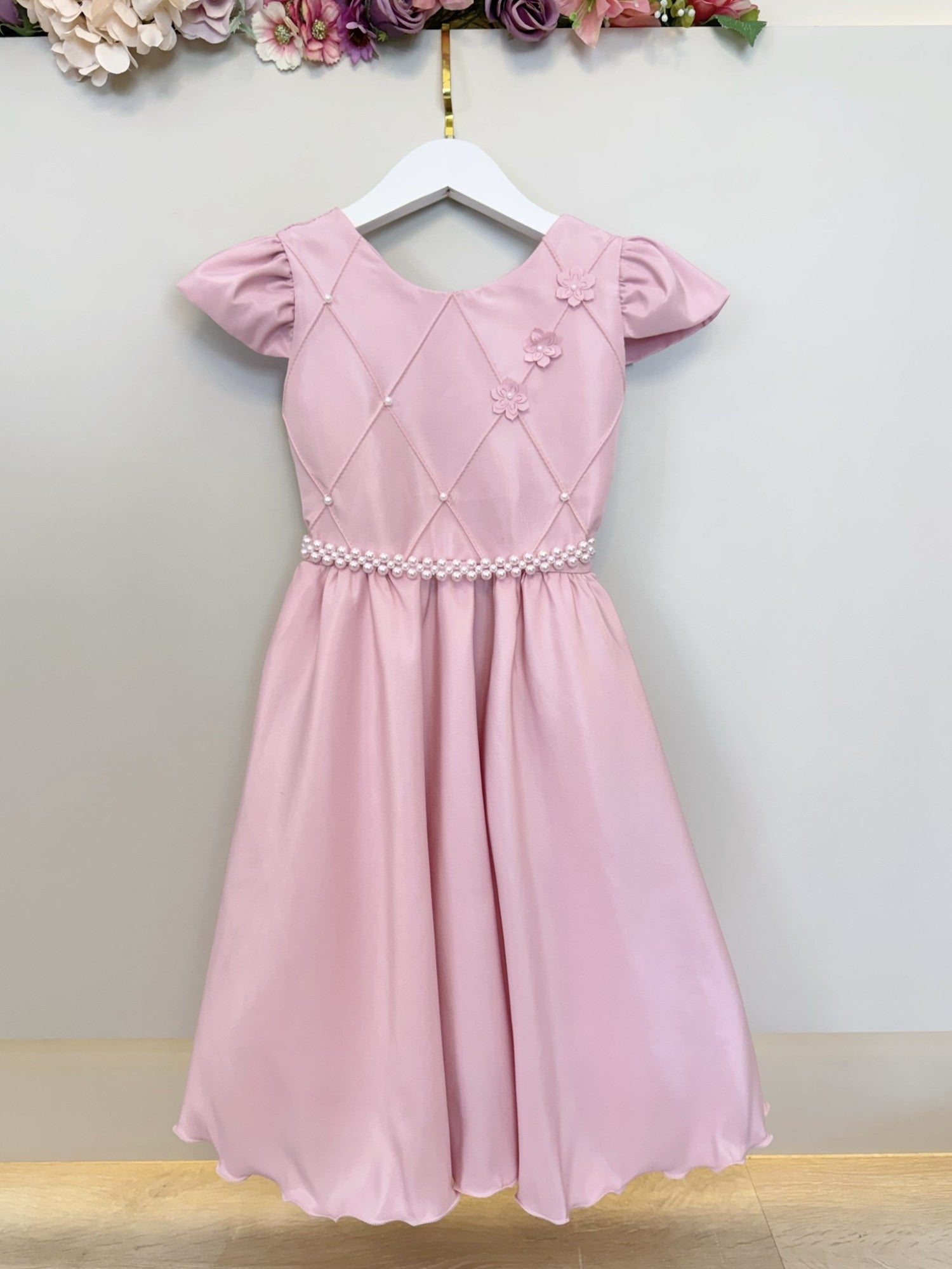Vestido Infantil Luxo Rose com Nervuras e Flores para Festas