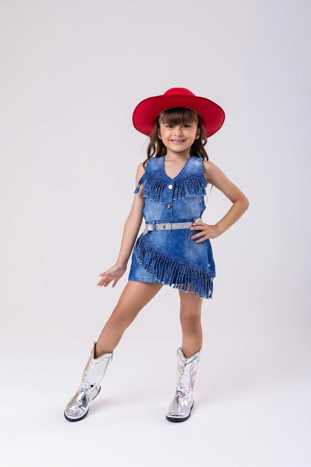 Conjunto Boiadeira com Saia e Colete em Jeans Preto