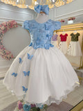 Vestido Infantil Azul Com Bordado e Detalhes de Borboletas para Festas