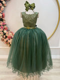 Vestido Longo Verde Oliva Infantil com Pérolas para Damas de Honra