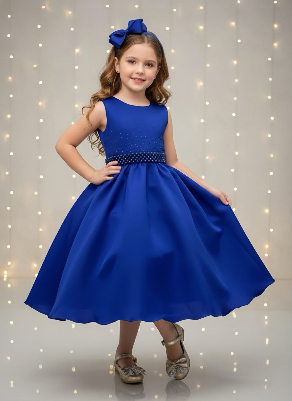 Vestido Infantil Azul Royal Busto C/ Strass Daminhas Festas