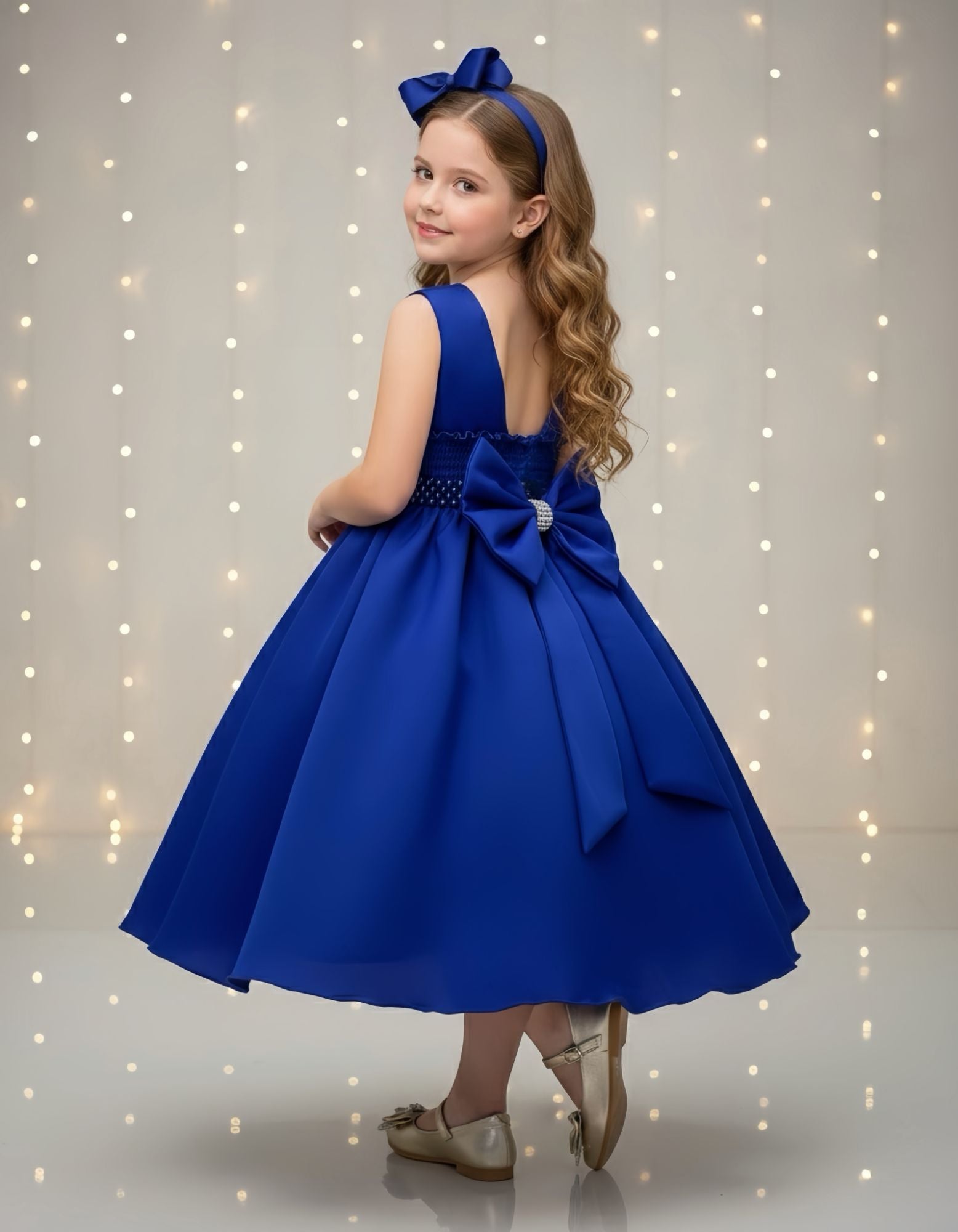 Vestido Infantil Azul Royal Busto C/ Strass Daminhas Festas