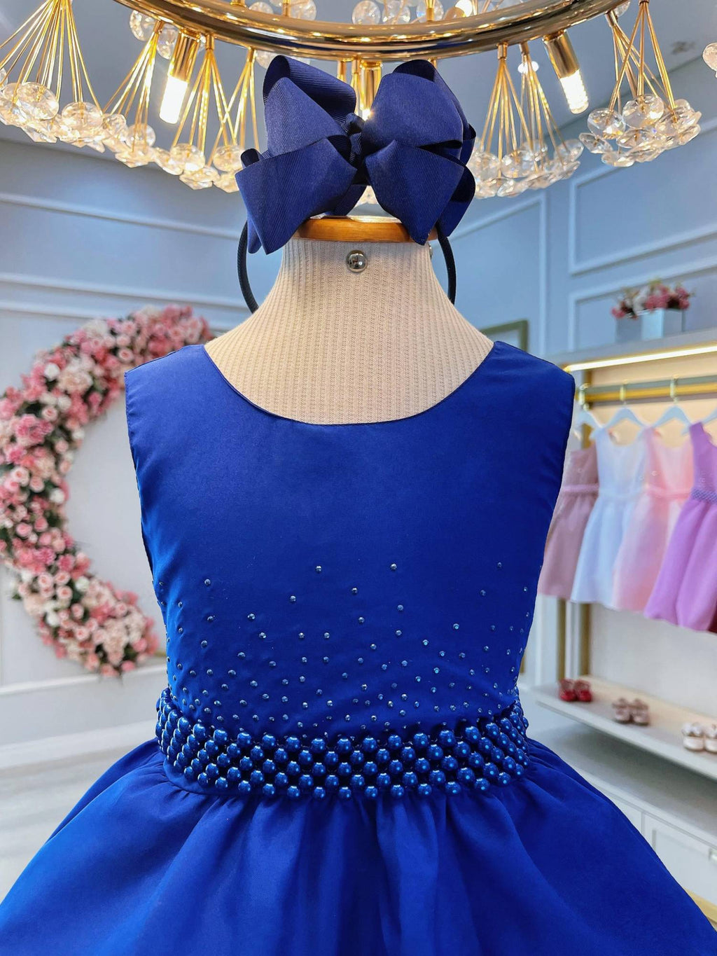 Vestido Infantil Azul Royal Busto C/ Strass Daminhas Festas