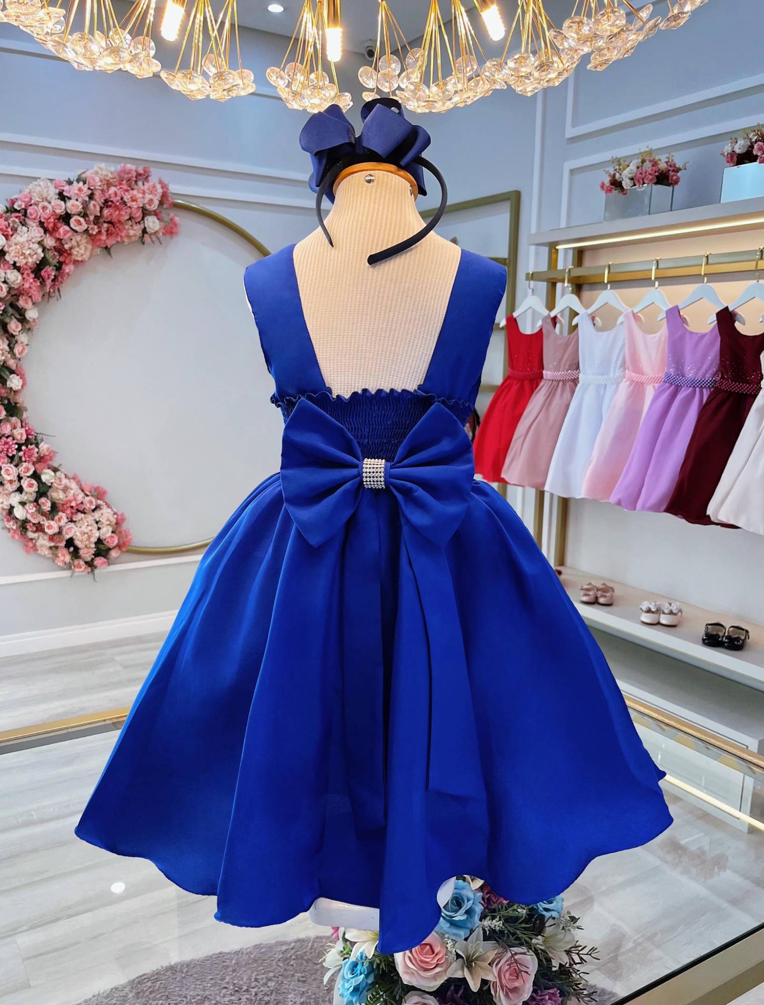 Vestido Infantil Azul Royal Busto C/ Strass Daminhas Festas