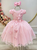Vestido Infantil Rosa Bebê Com Renda e Borboletas Para Festas Luxuosas
