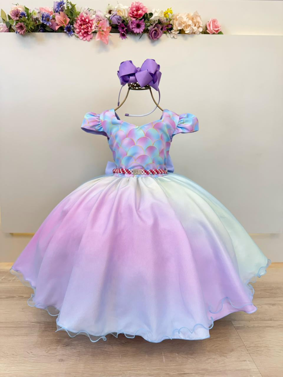 Vestido Infantil Sereia Colorido para Festas com Busto de Escamas