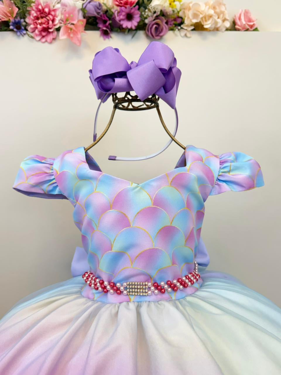Vestido Infantil Sereia Colorido para Festas com Busto de Escamas