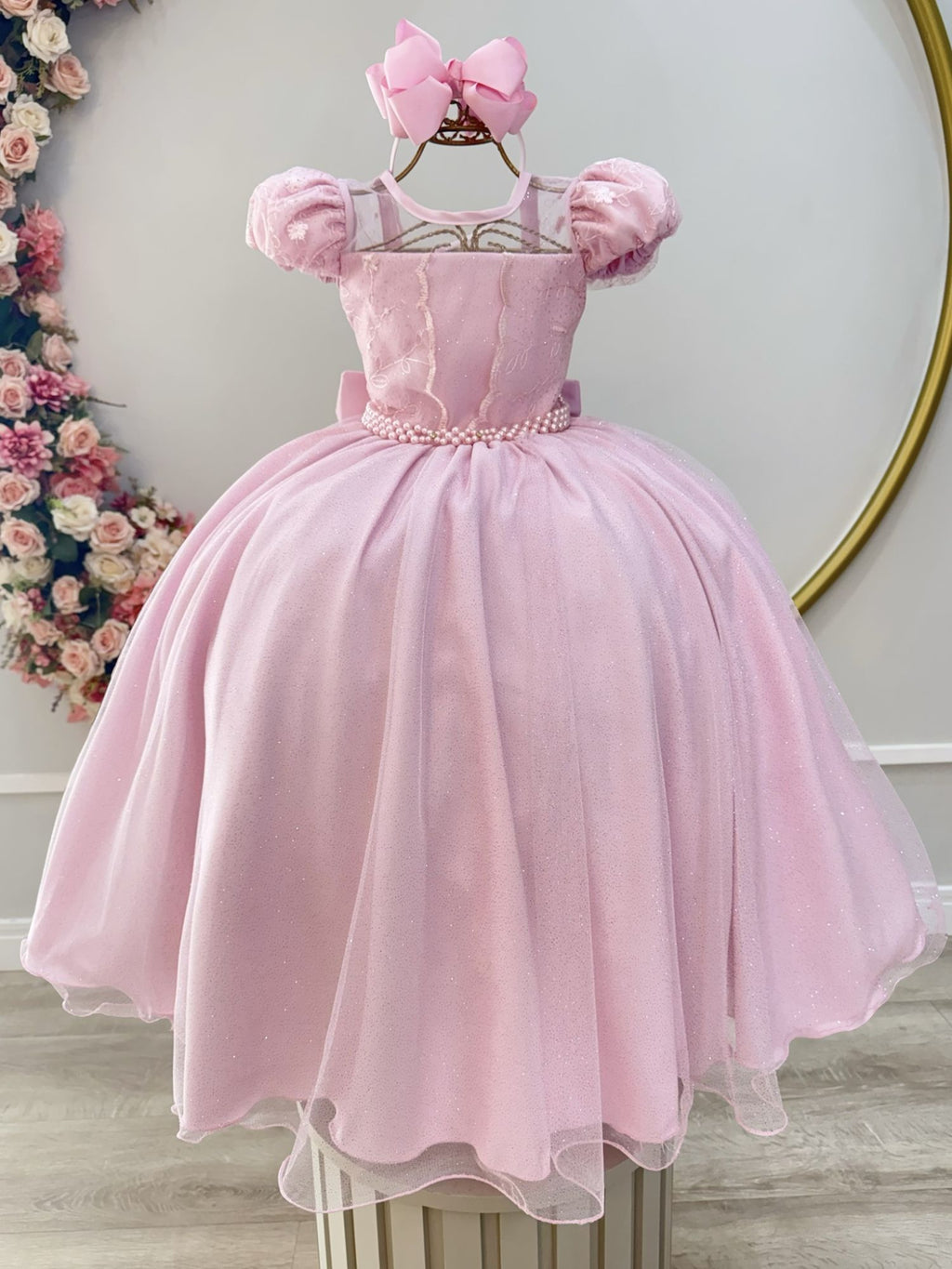 Vestido Infantil Rosa Claro com Busto em Renda e Bordado para Festas