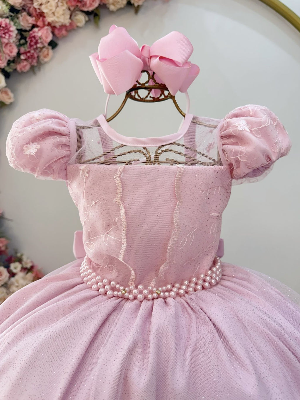 Vestido Infantil Rosa Claro com Busto em Renda e Bordado para Festas