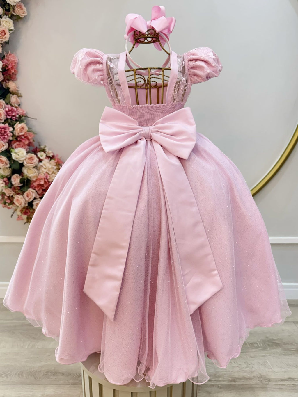 Vestido Infantil Rosa Claro com Busto em Renda e Bordado para Festas