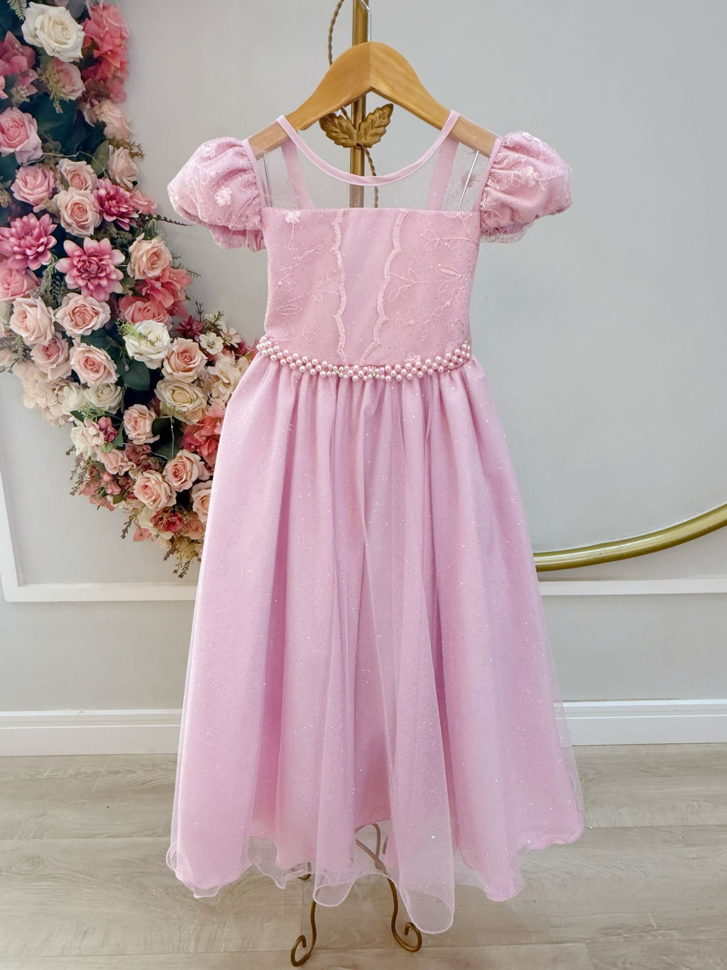Vestido Infantil Rosa Claro com Busto em Renda e Bordado para Festas