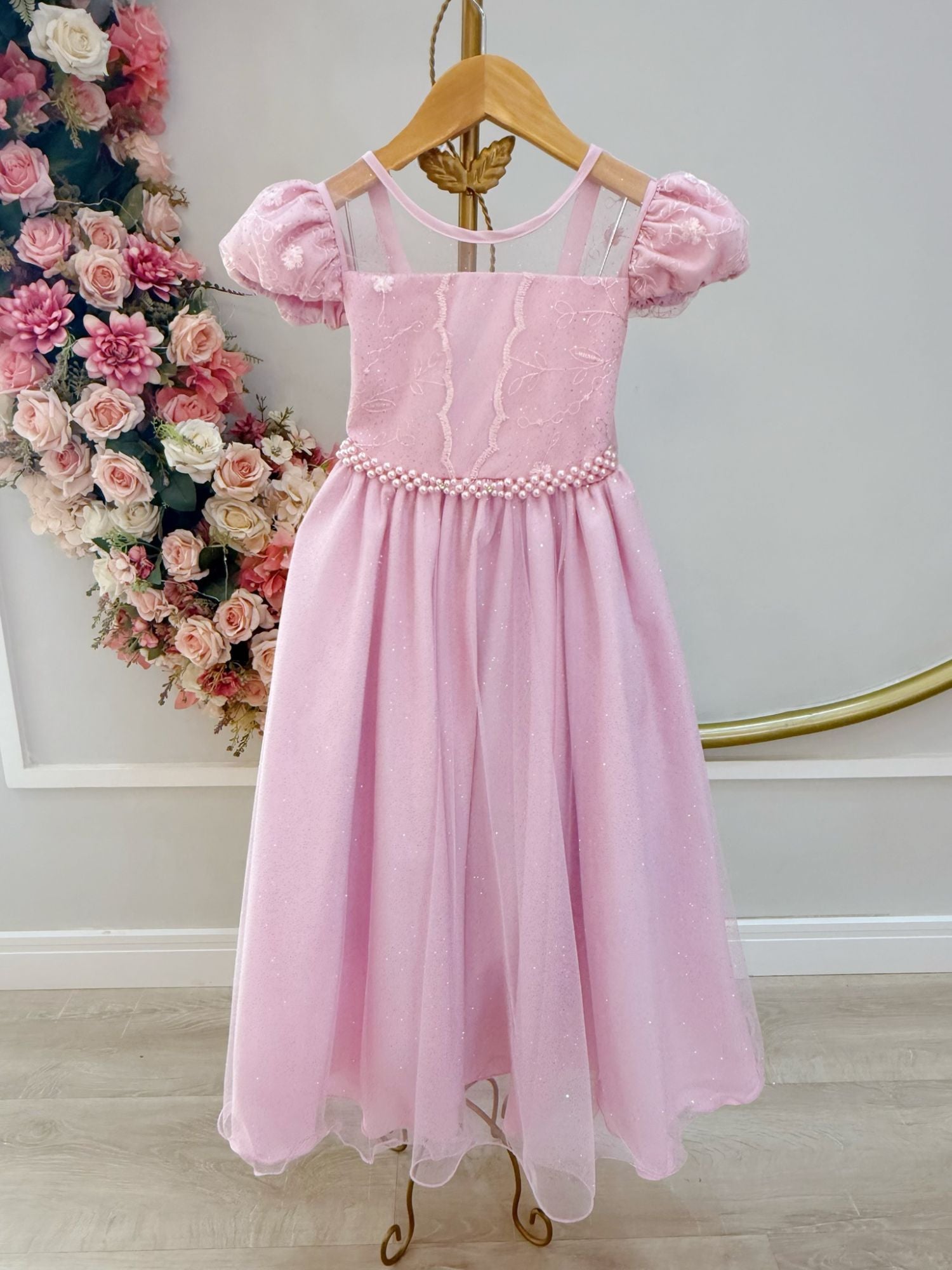 Vestido Infantil Rosa Claro com Busto em Renda e Bordado para Festas