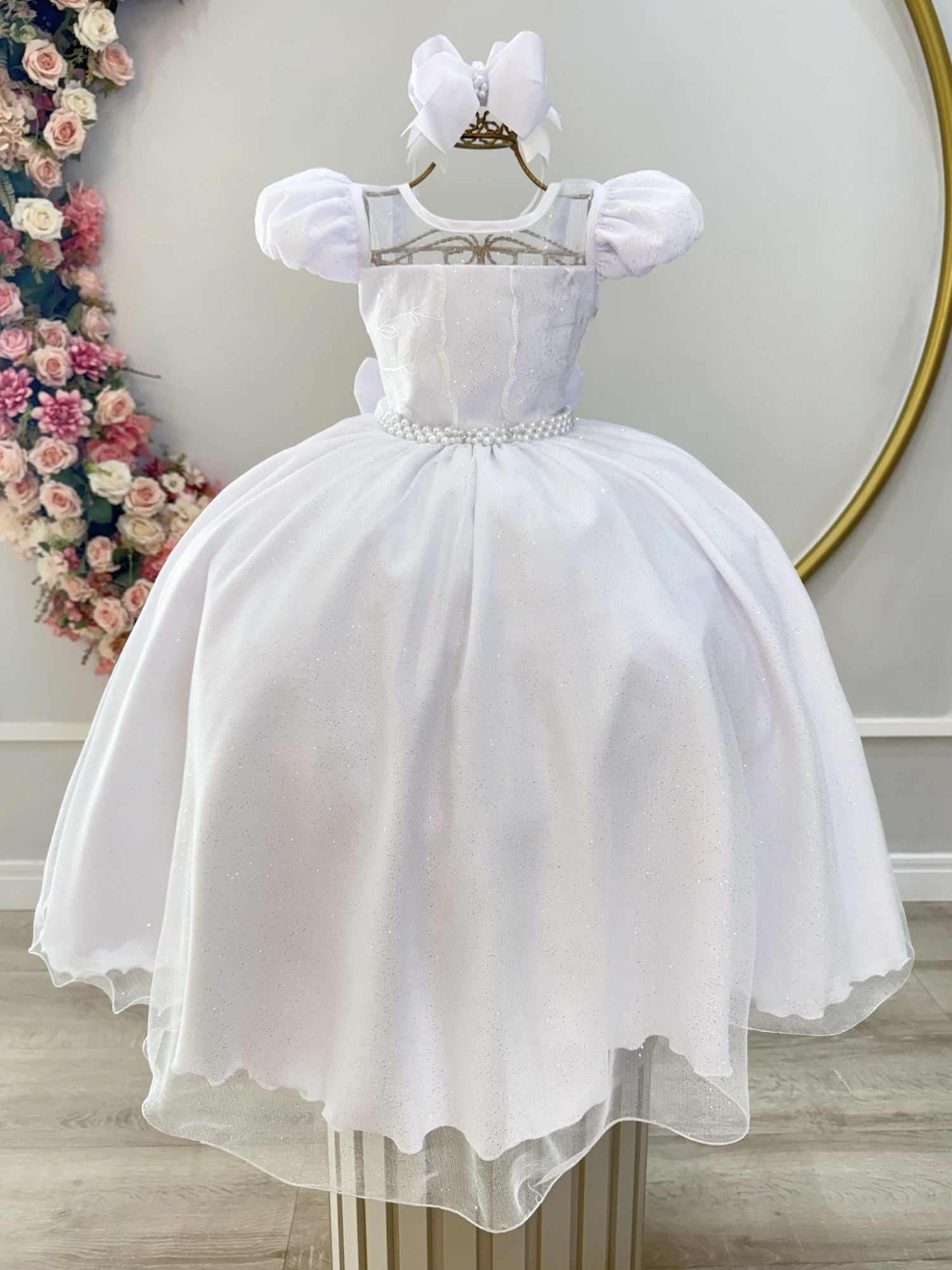 Vestido Infantil Branco com Busto em Renda e Bordado para Festas
