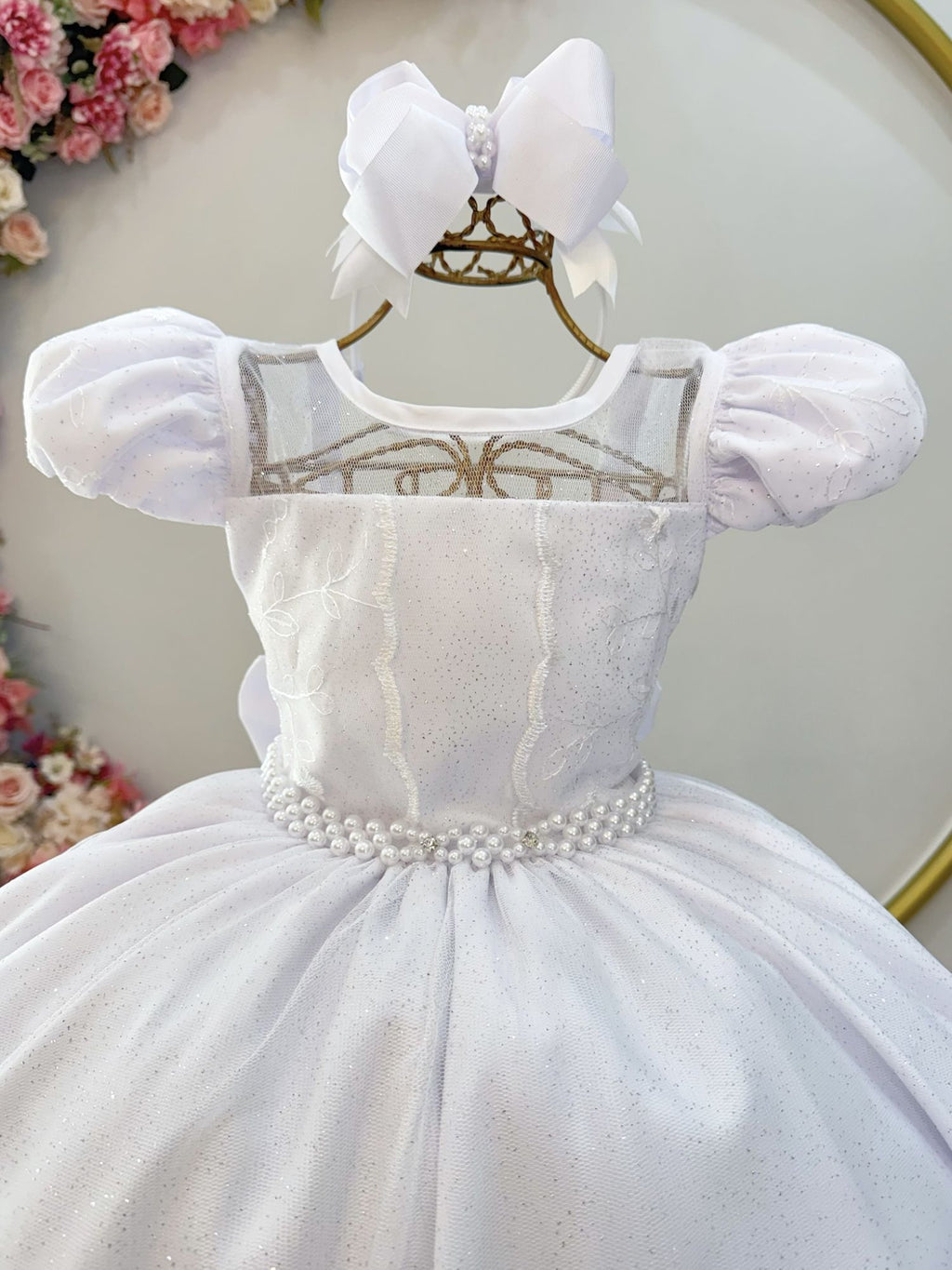 Vestido Infantil Branco com Busto em Renda e Bordado para Festas