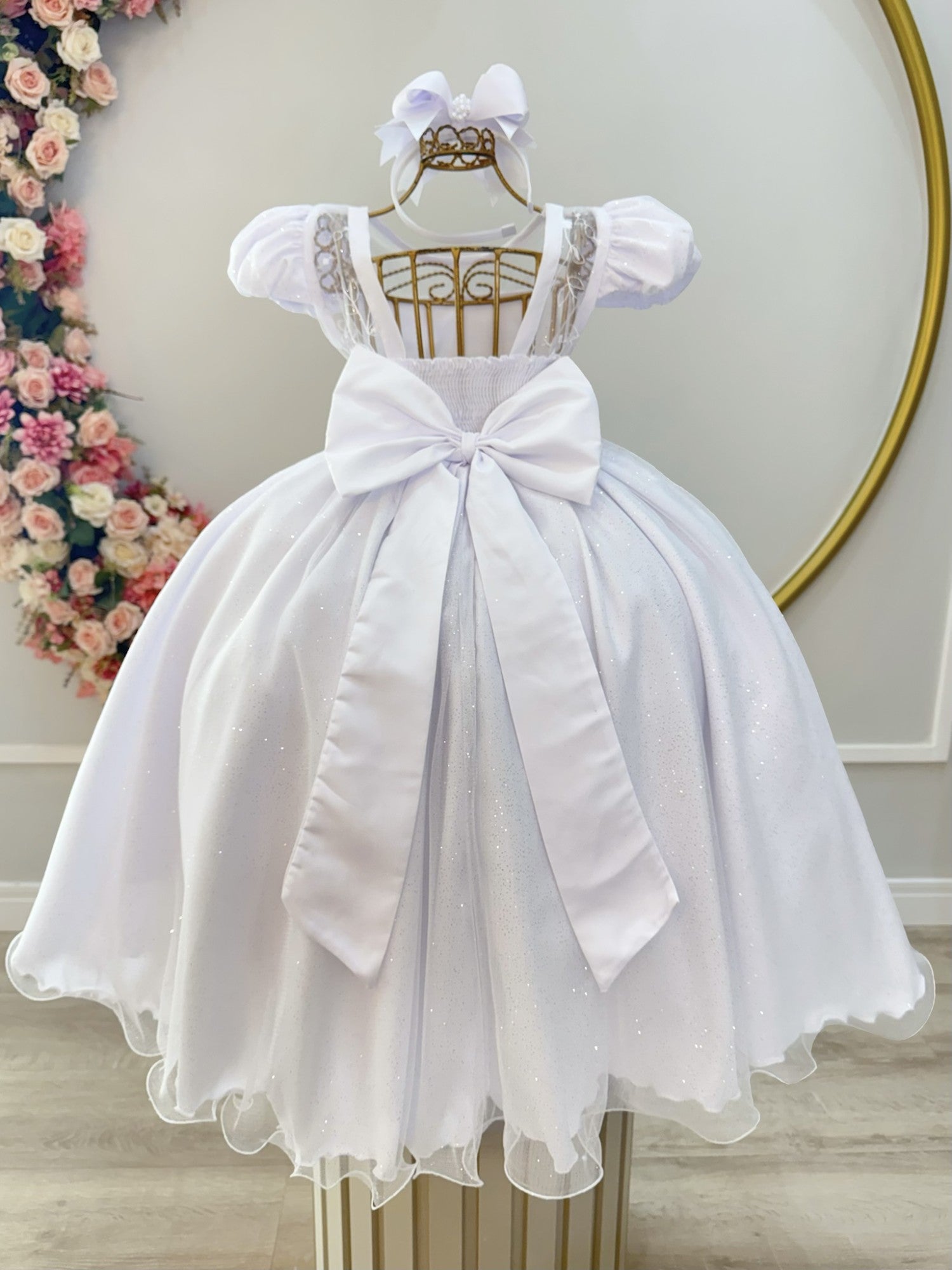 Vestido Infantil Branco com Busto em Renda e Bordado para Festas