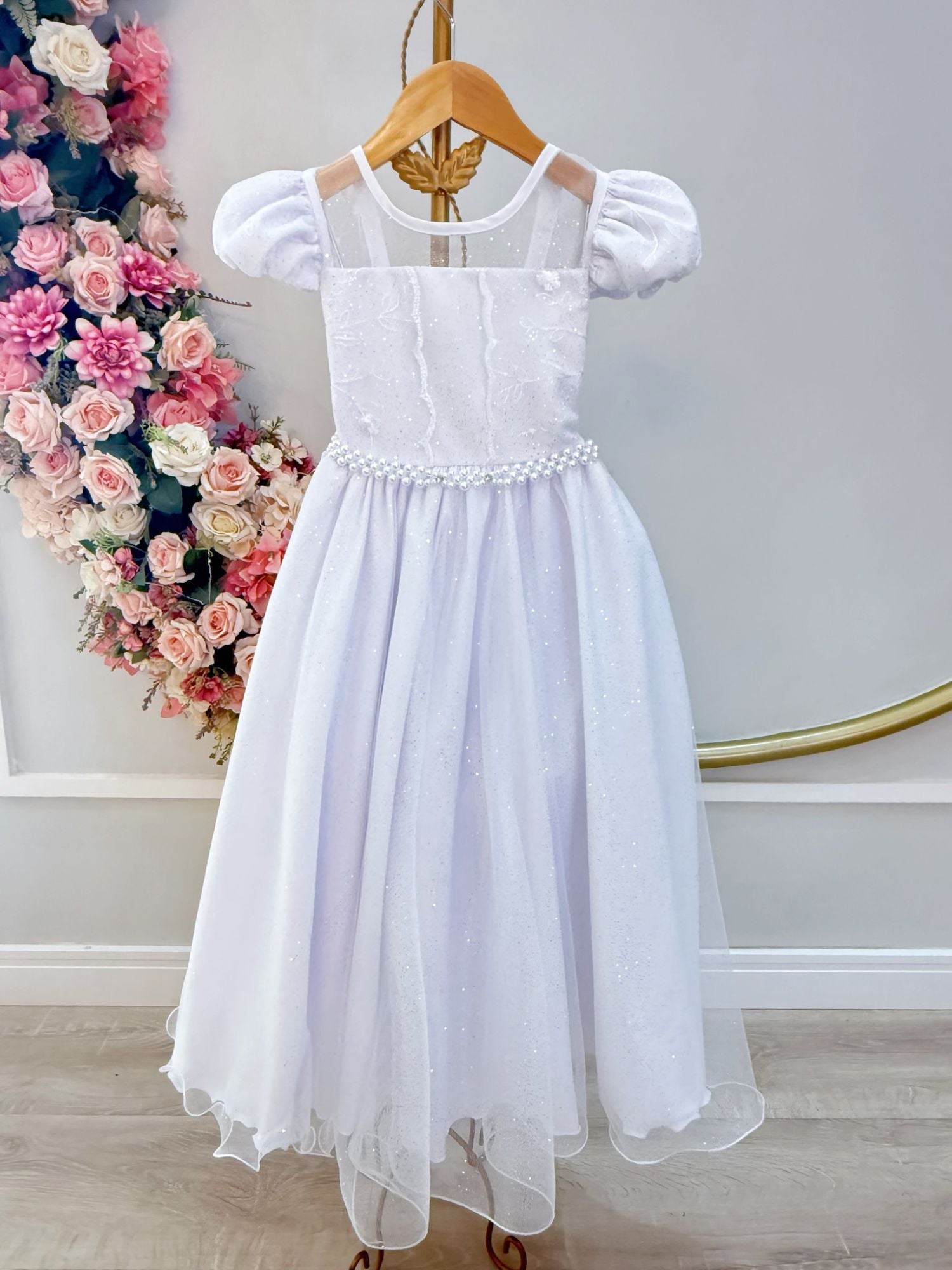 Vestido Infantil Branco com Busto em Renda e Bordado para Festas