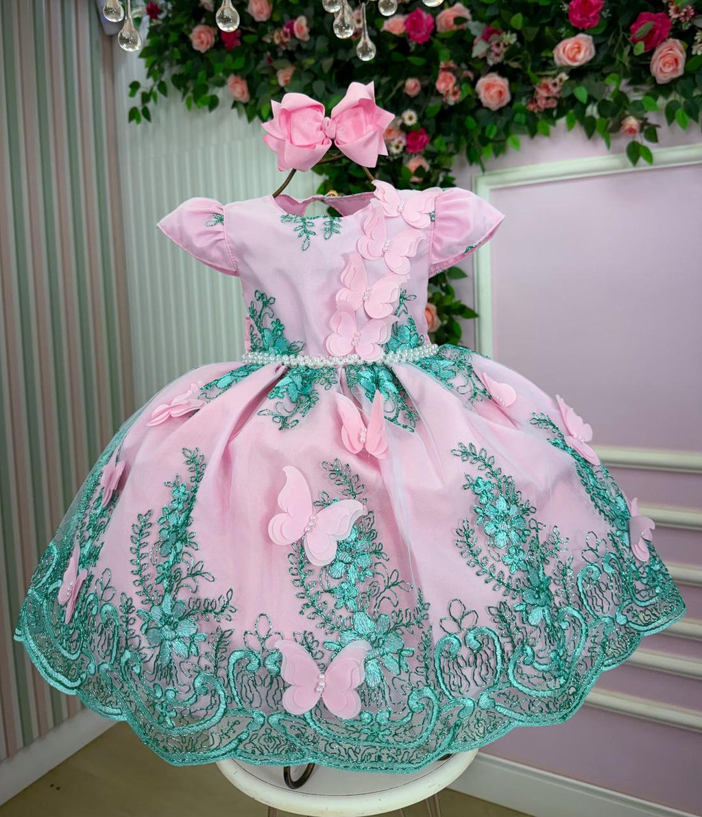 Vestido Luxo Rosa e Verde Tiffany Jardim Encantado para Meninas