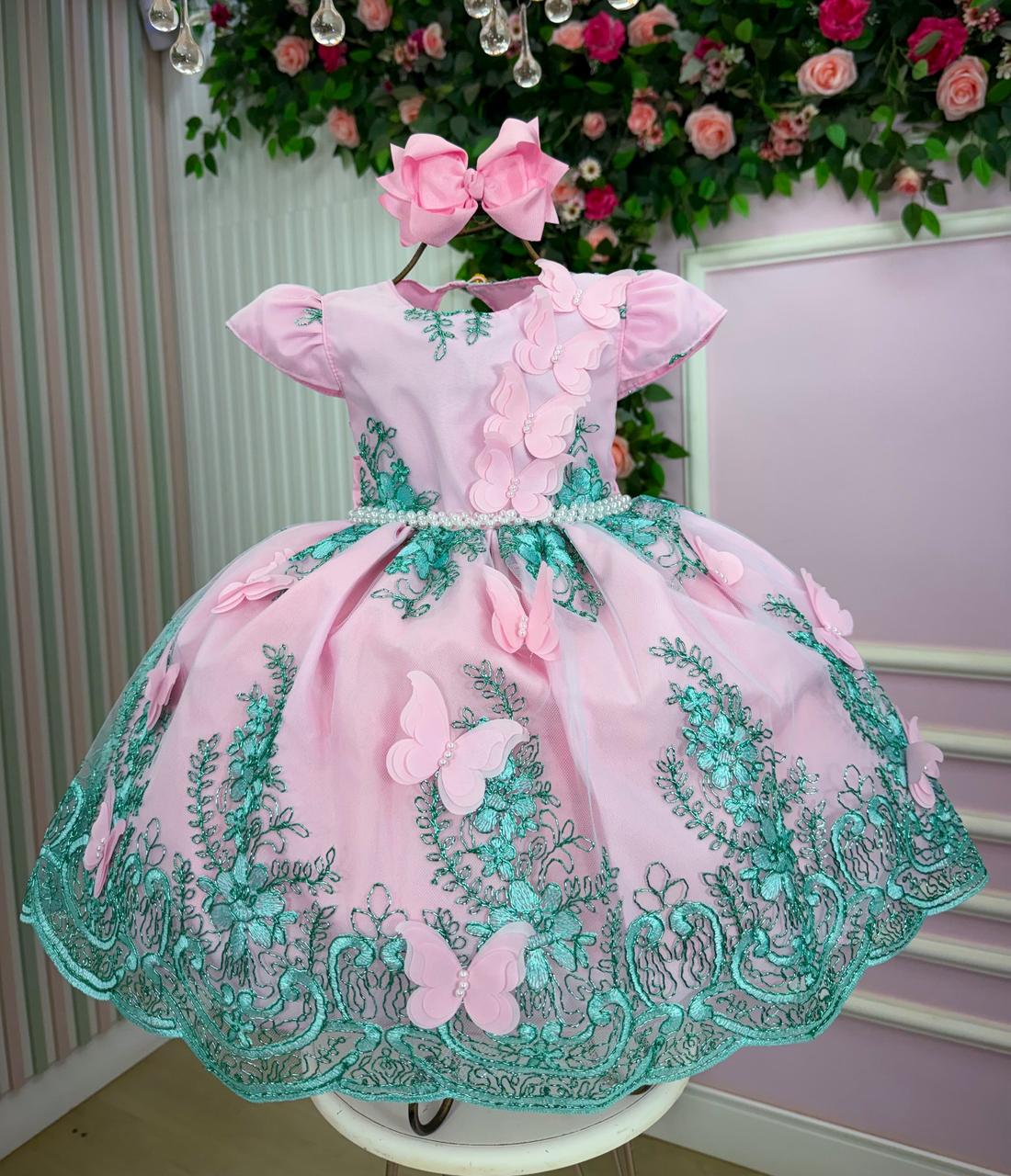 Vestido Luxo Rosa e Verde Tiffany Jardim Encantado para Meninas