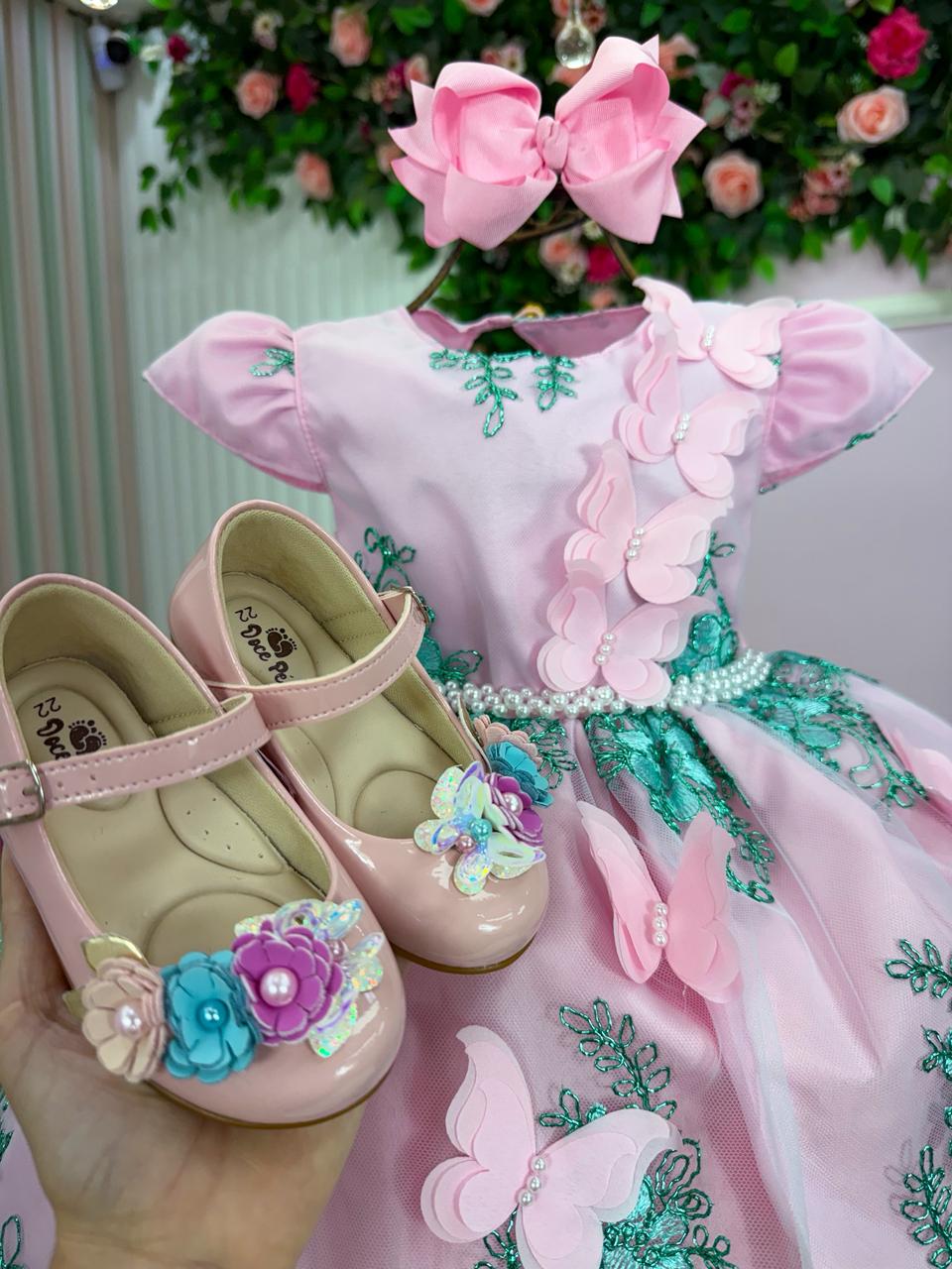 Vestido Luxo Rosa e Verde Tiffany Jardim Encantado para Meninas