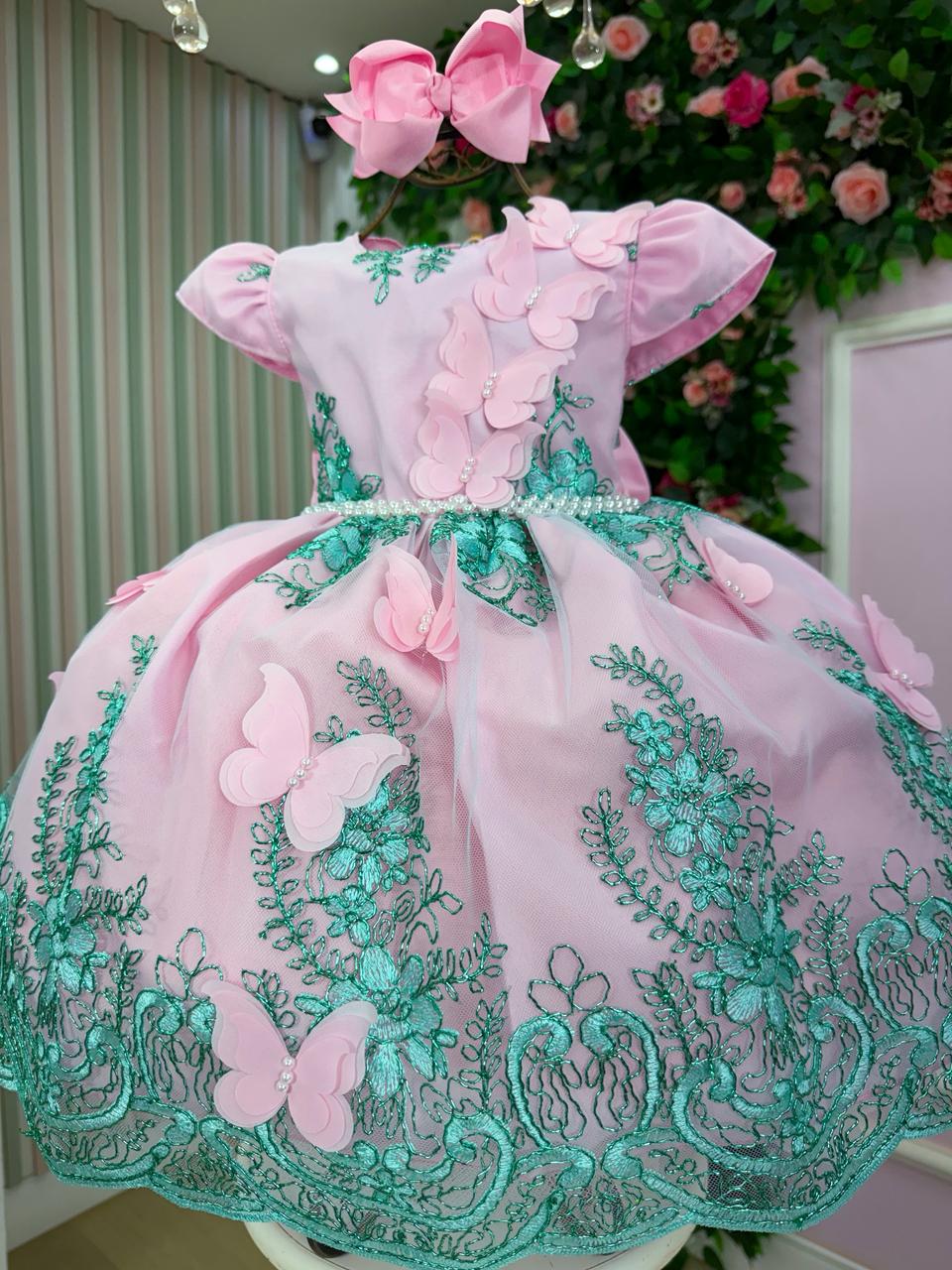 Vestido Luxo Rosa e Verde Tiffany Jardim Encantado para Meninas