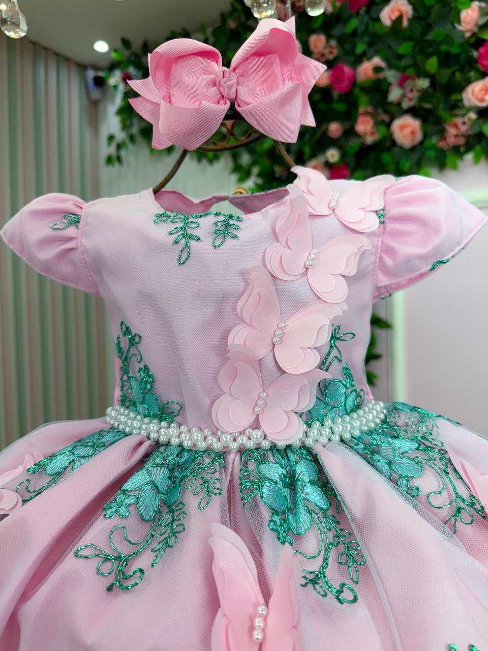 Vestido Luxo Rosa e Verde Tiffany Jardim Encantado para Meninas