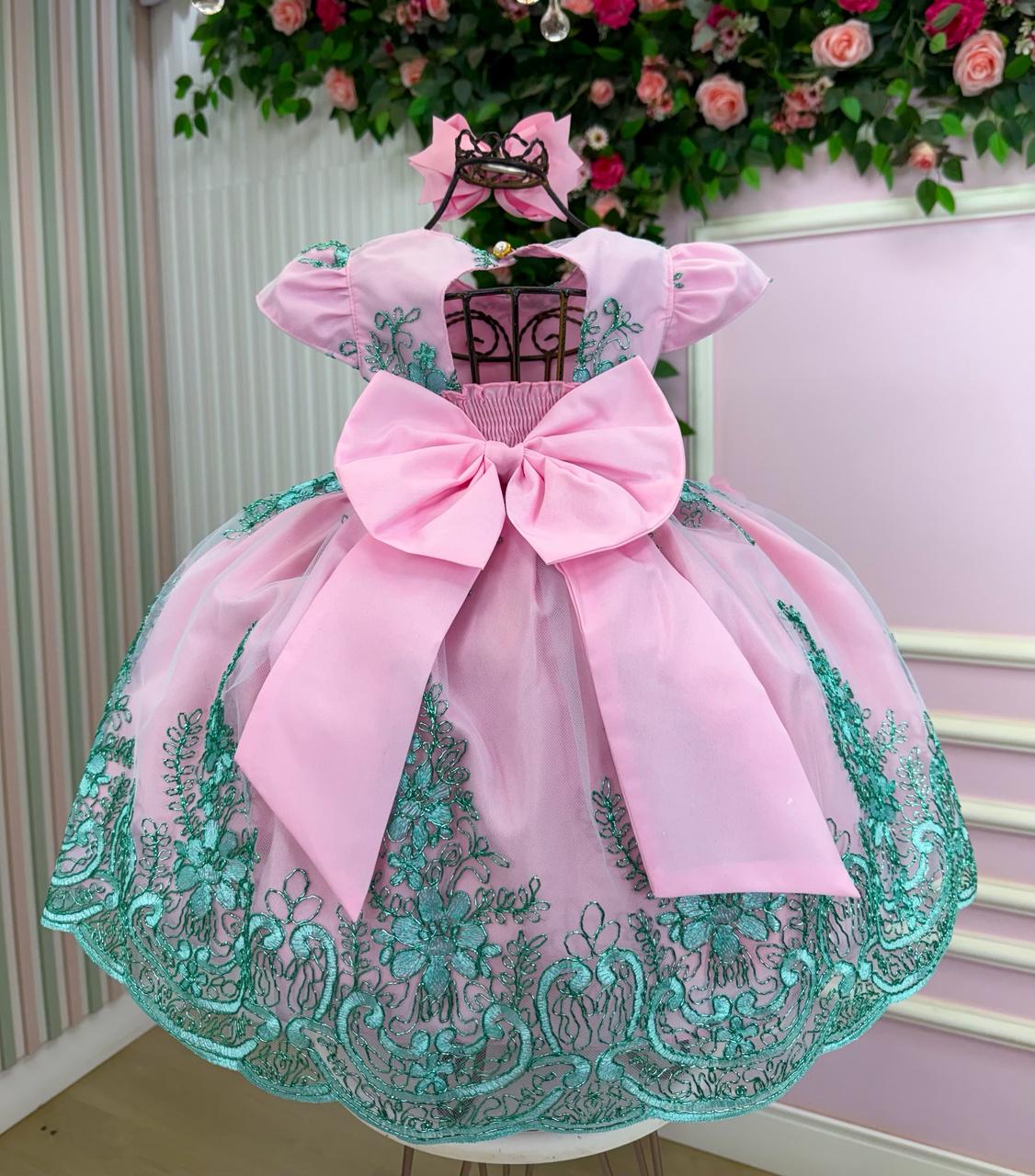 Vestido Luxo Rosa e Verde Tiffany Jardim Encantado para Meninas