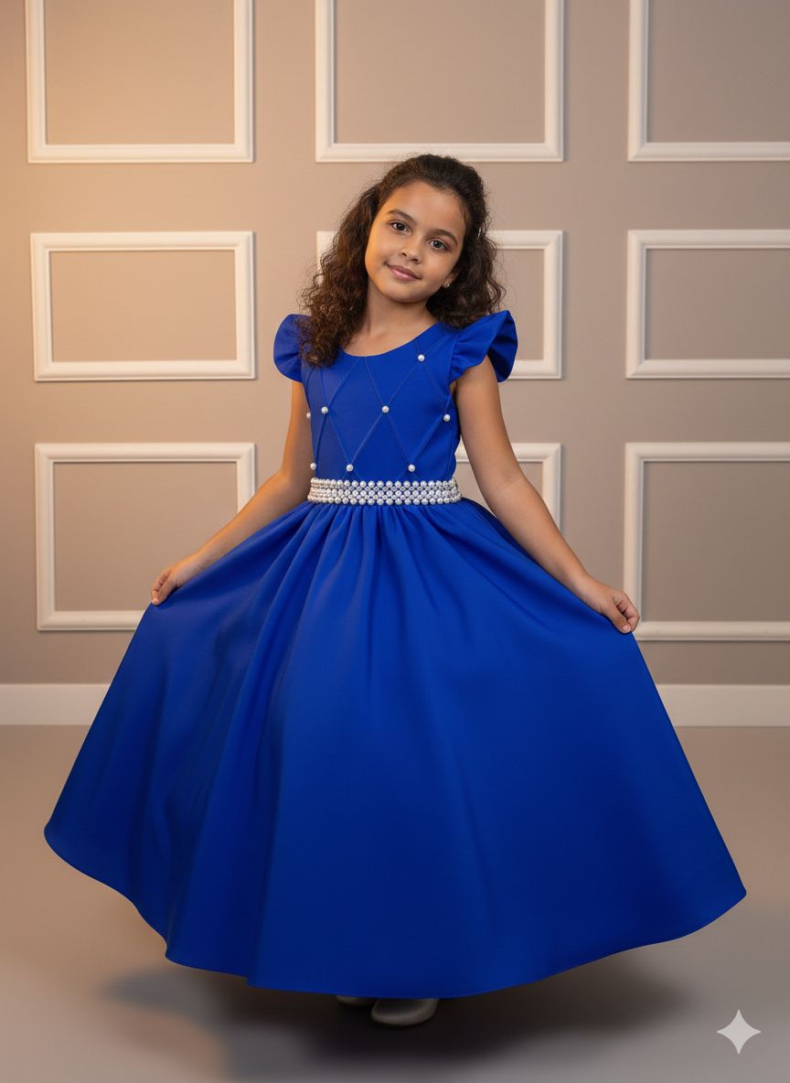 Vestido Longo Azul Royal em Tule e Poliéster para Festas e Eventos