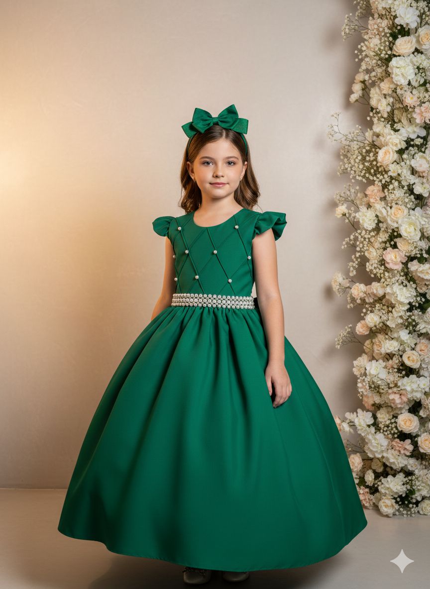 Vestido Longo Verde Bandeira em Tule e Poliéster para Festas e Formaturas