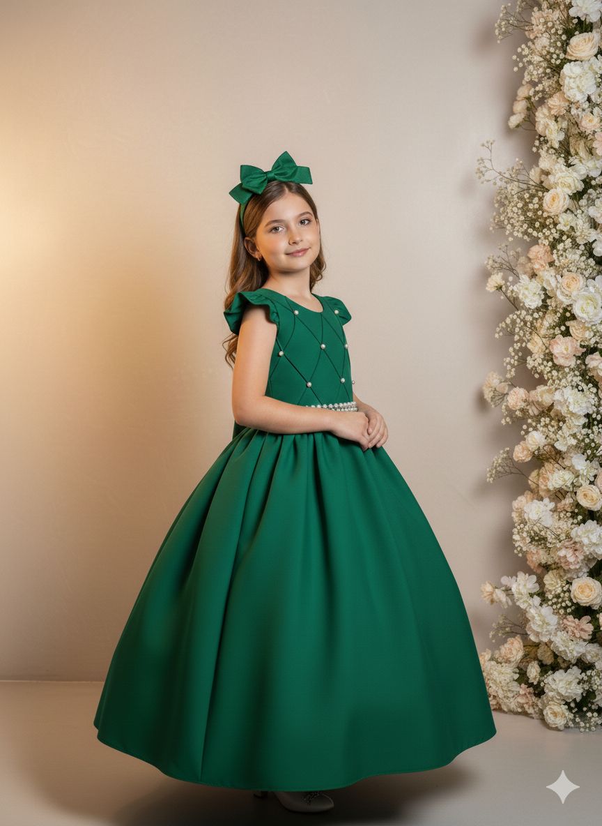 Vestido Longo Verde Bandeira em Tule e Poliéster para Festas e Formaturas