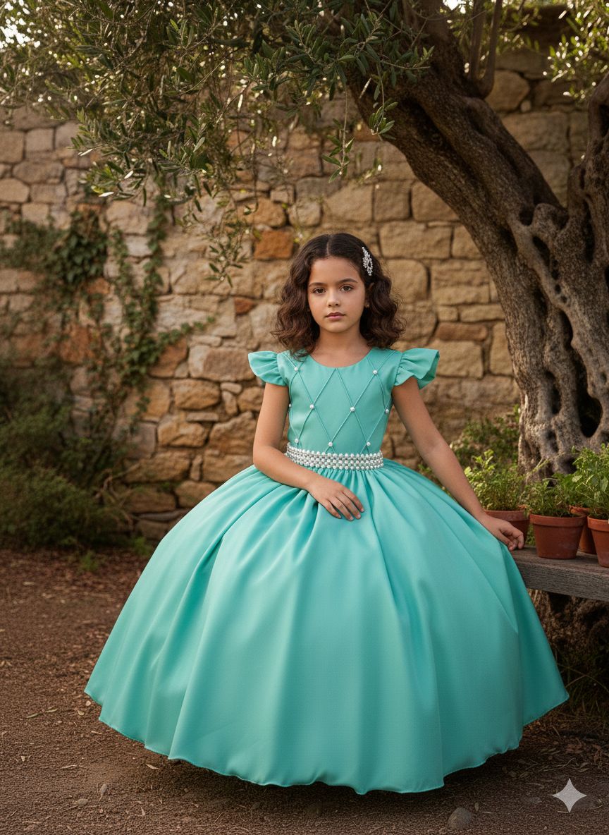 Vestido Longo Verde Menta em Tule com Babado e Pérolas para Festas