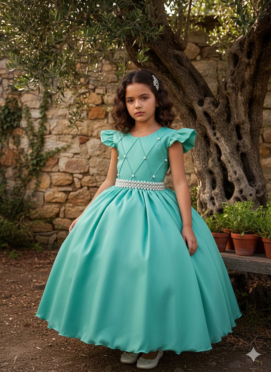 Vestido Longo Verde Menta em Tule com Babado e Pérolas para Festas