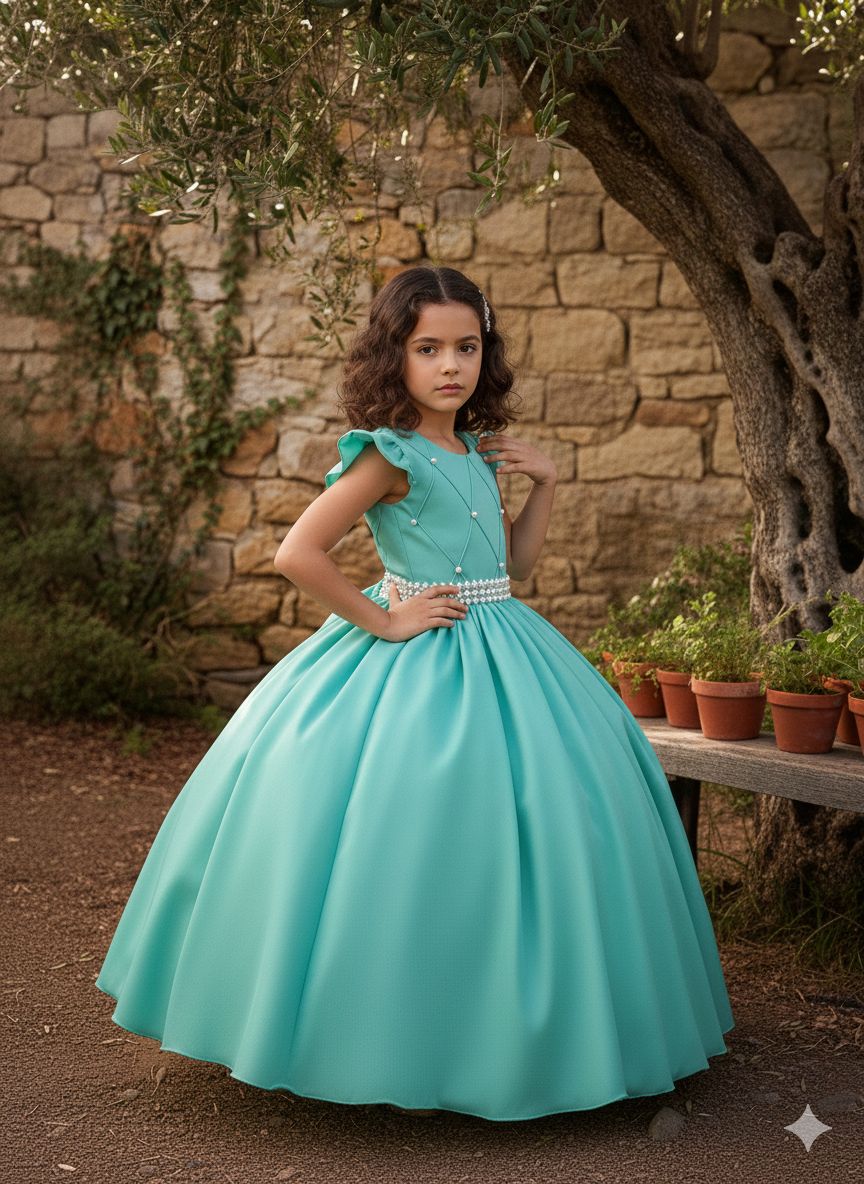 Vestido Longo Verde Menta em Tule com Babado e Pérolas para Festas