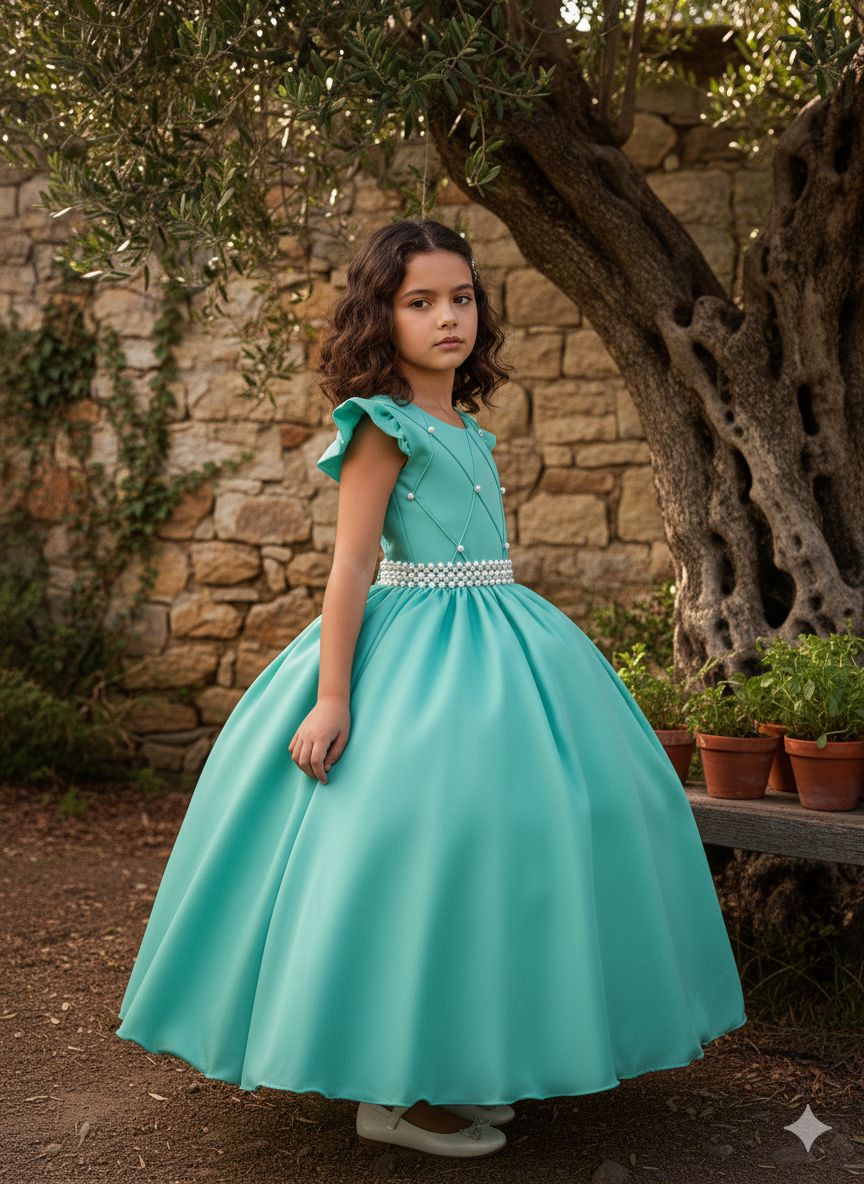 Vestido Longo Verde Menta em Tule com Babado e Pérolas para Festas