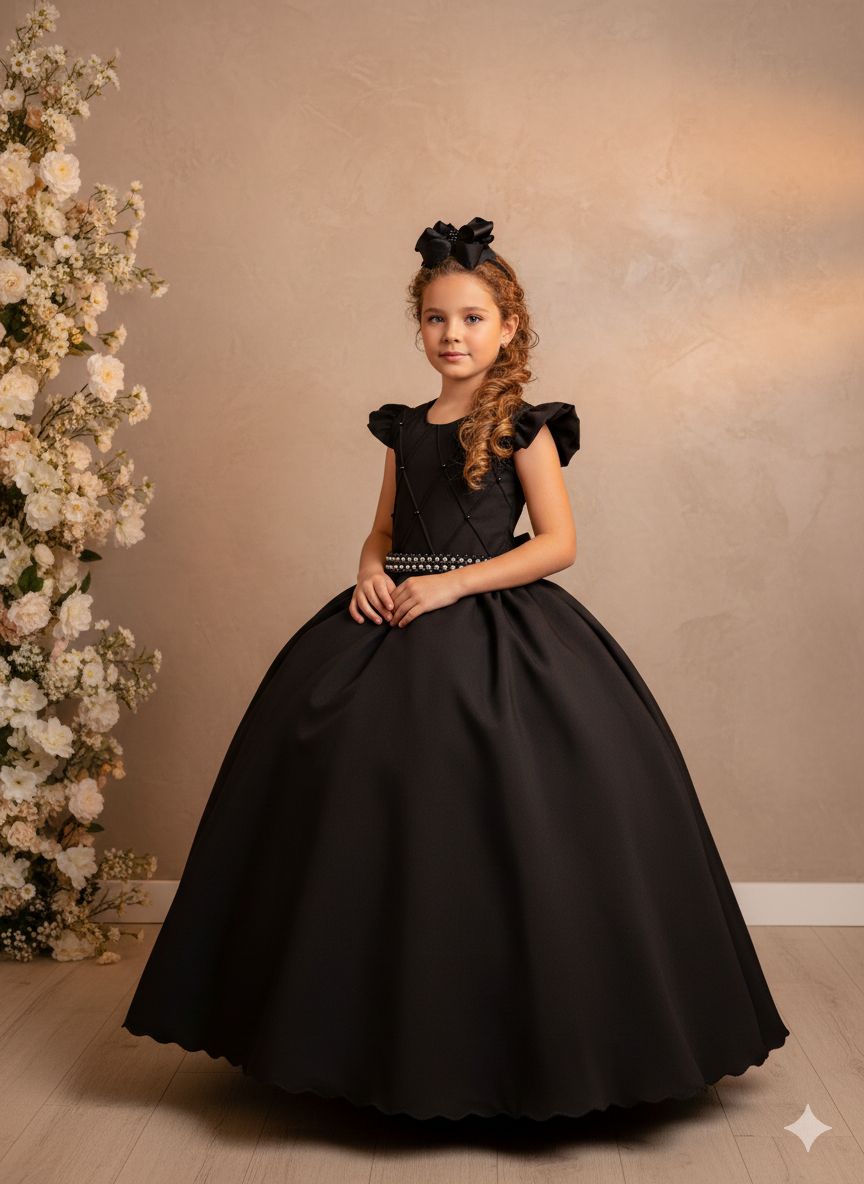 Vestido Longo Preto com Babado Tule e Pérolas para Festas