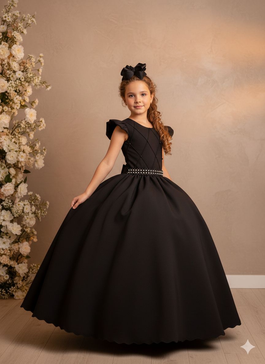 Vestido Longo Preto com Babado Tule e Pérolas para Festas