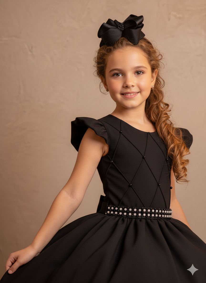 Vestido Longo Preto com Babado Tule e Pérolas para Festas