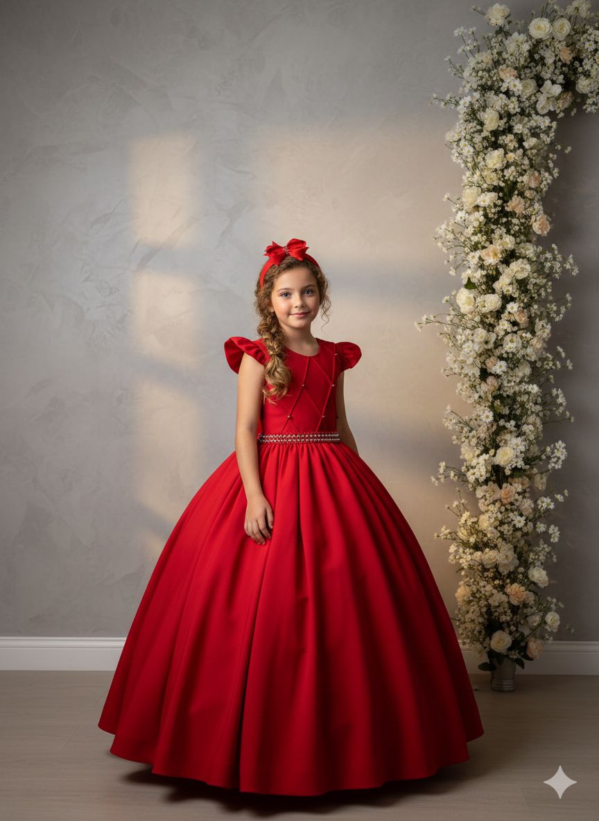 Vestido Longo Vermelho com Babado em Tule para Festas e Formaturas