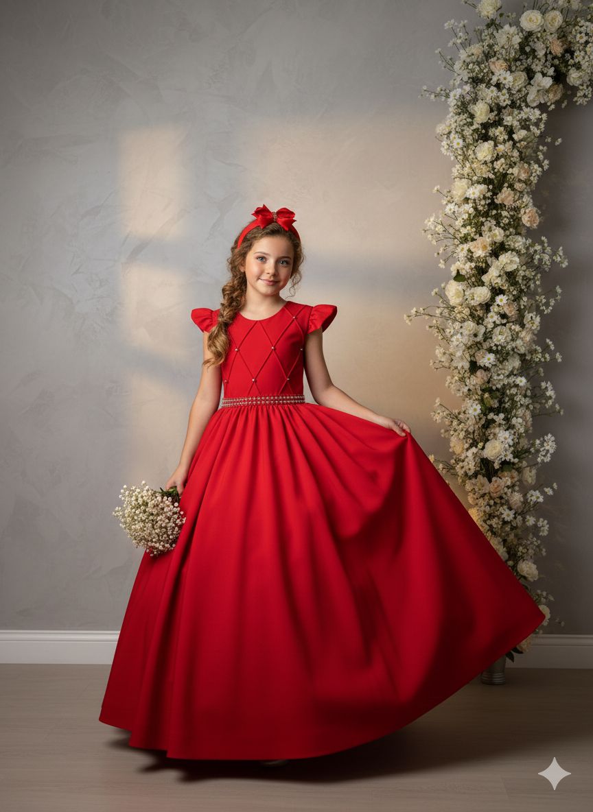 Vestido Longo Vermelho com Babado em Tule para Festas e Formaturas