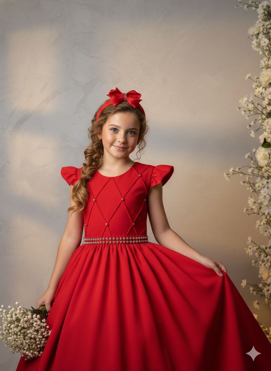 Vestido Longo Vermelho com Babado em Tule para Festas e Formaturas