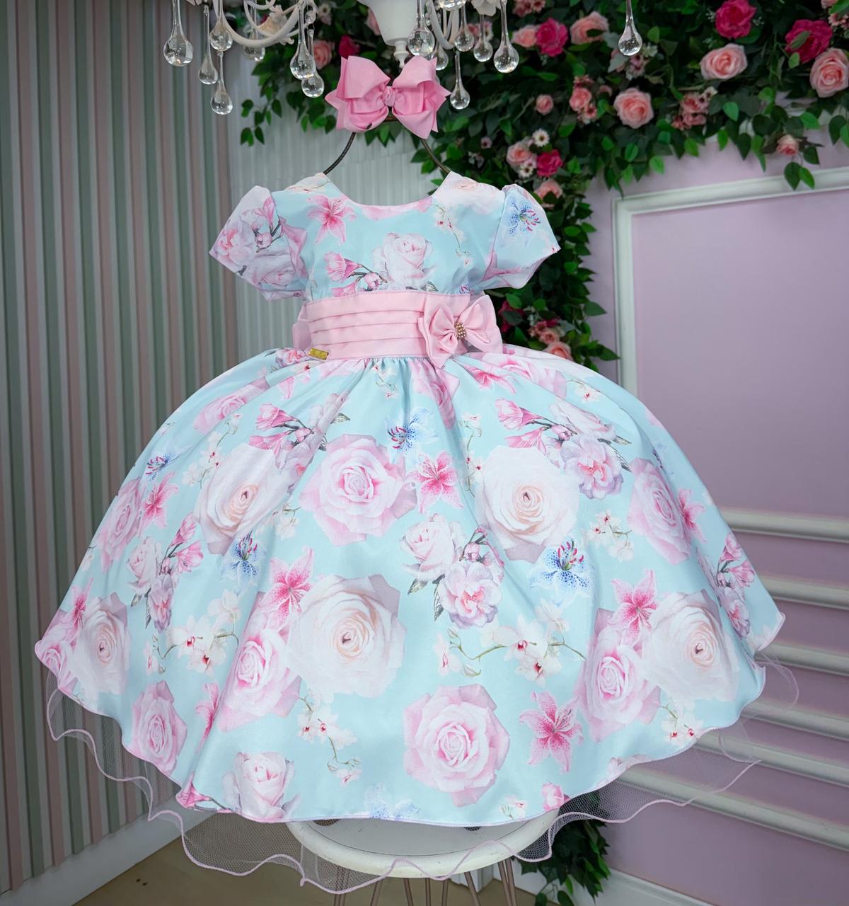 Vestido Azul Bebê com Estampa de Flores e Borboletas para Crianças