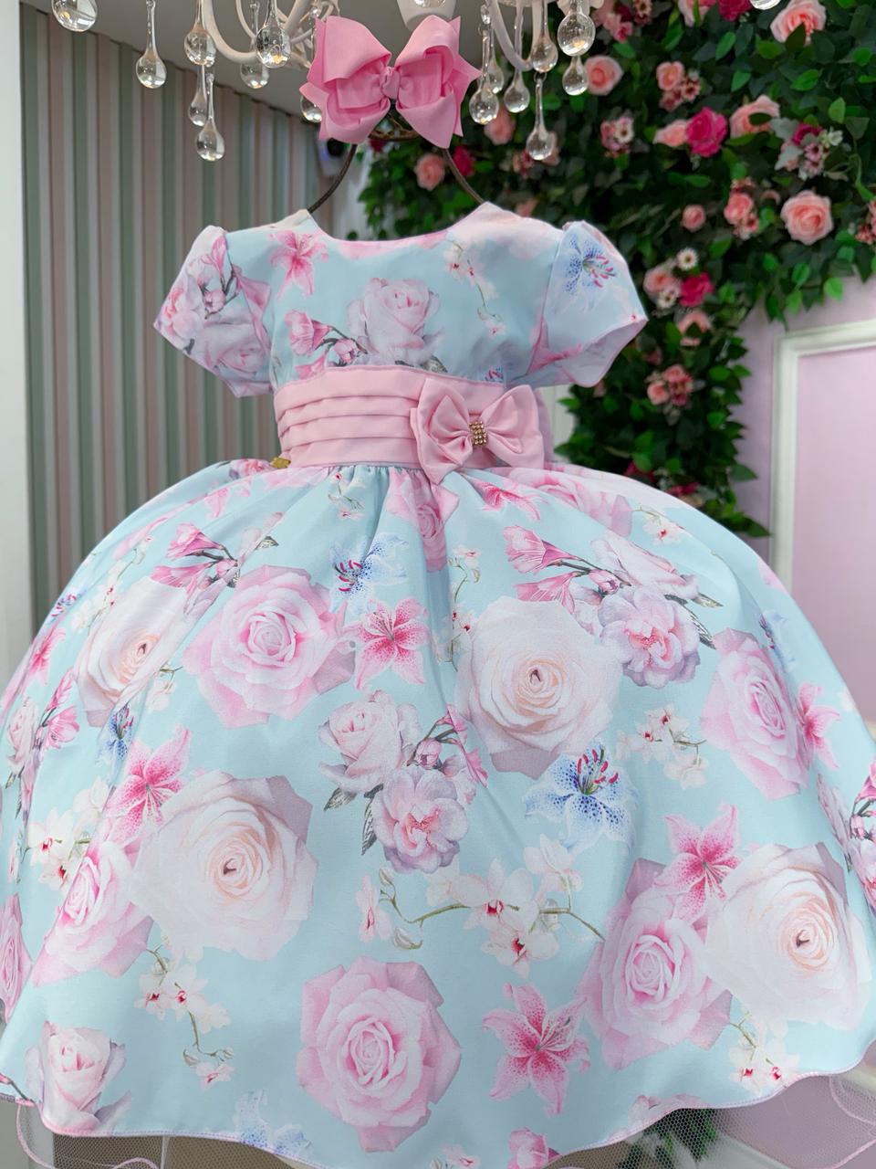 Vestido Azul Bebê com Estampa de Flores e Borboletas para Crianças