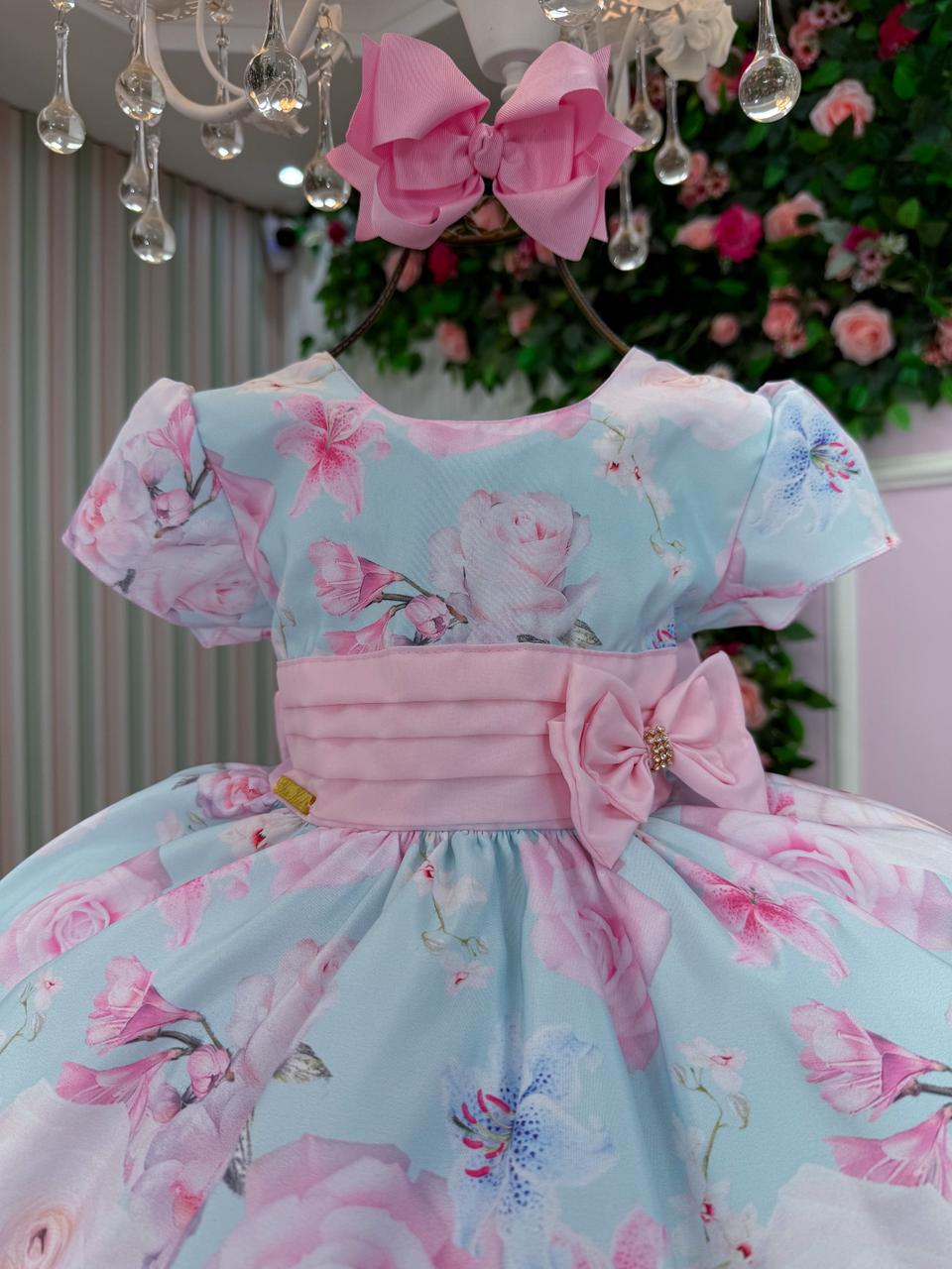 Vestido Azul Bebê com Estampa de Flores e Borboletas para Crianças