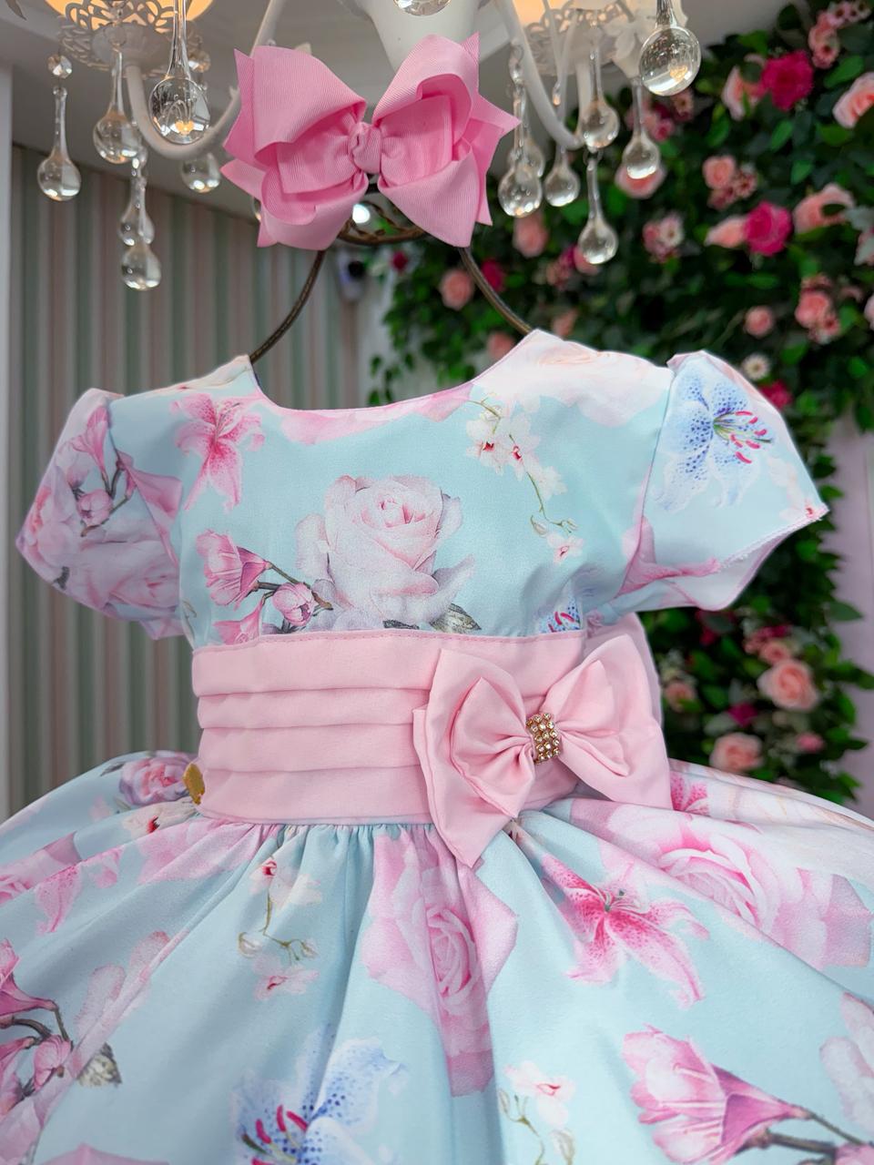 Vestido Azul Bebê com Estampa de Flores e Borboletas para Crianças