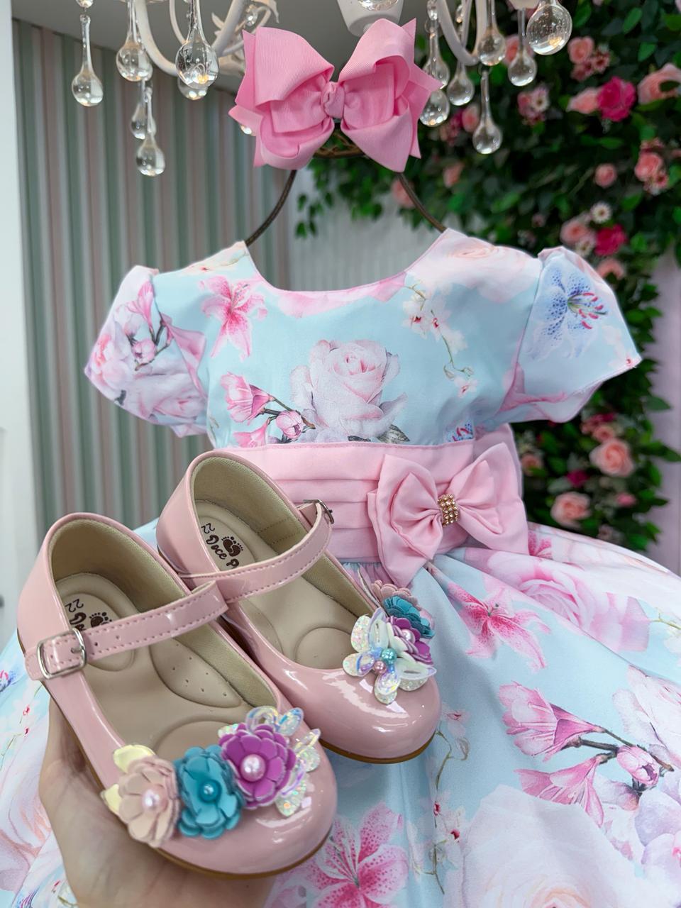 Vestido Azul Bebê com Estampa de Flores e Borboletas para Crianças