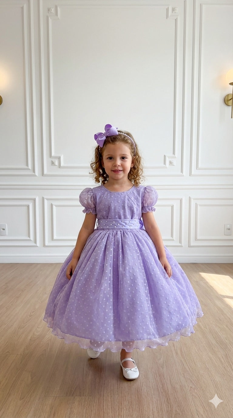 Vestido Lilás com Bolinhas e Laço para Crianças