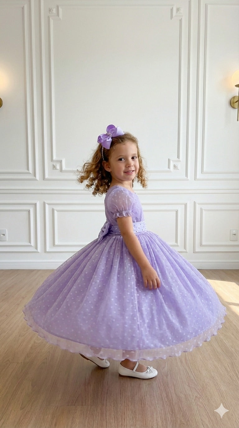 Vestido Lilás com Bolinhas e Laço para Crianças