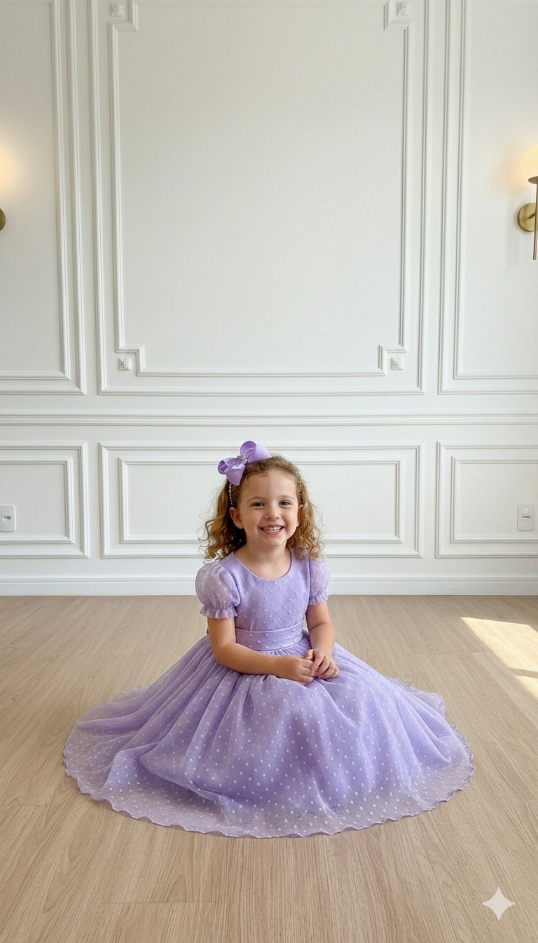 Vestido Lilás com Bolinhas e Laço para Crianças