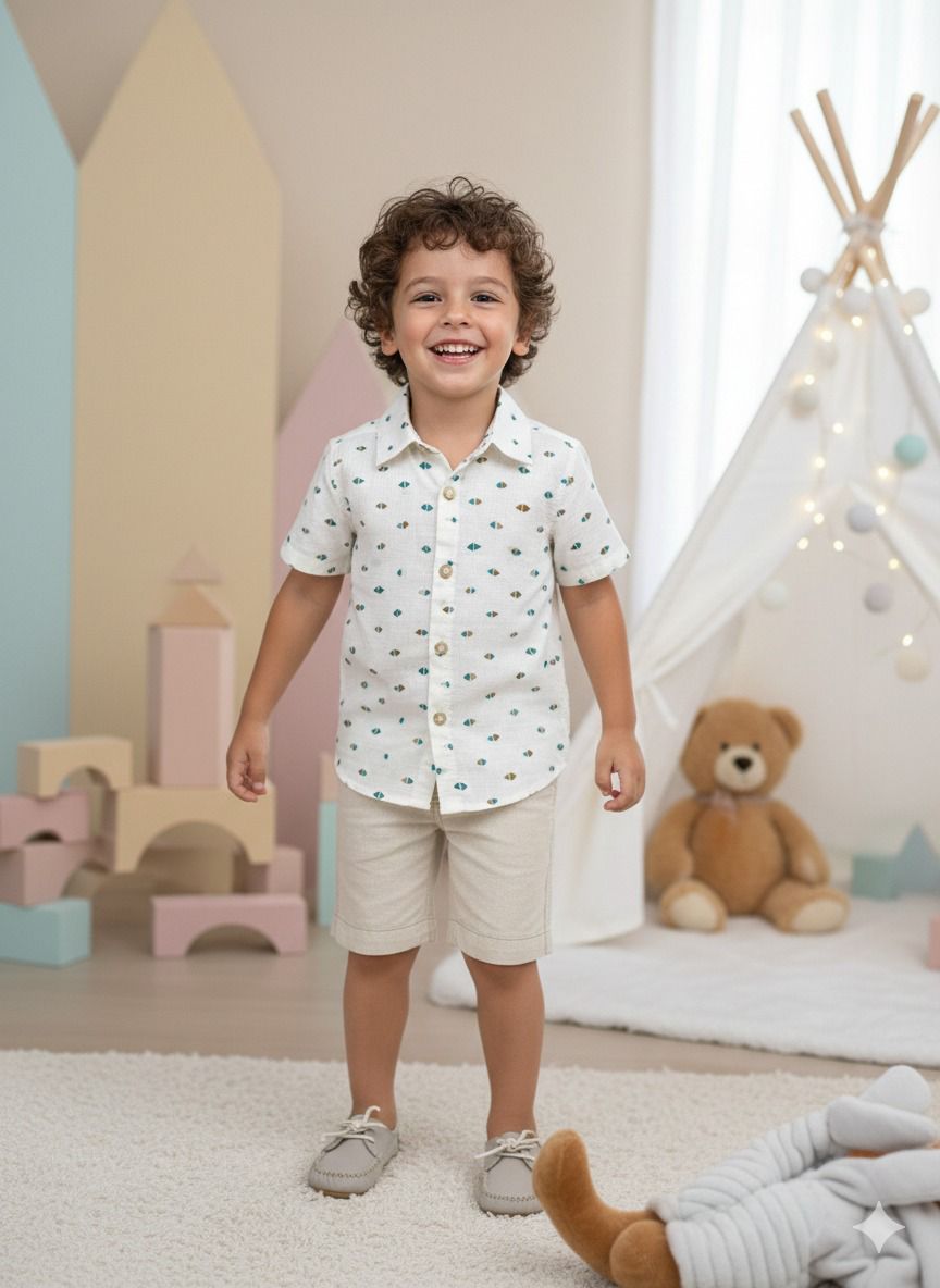 Conjunto Infantil Off de Linho com Camisa e Bermuda Bege para Meninos